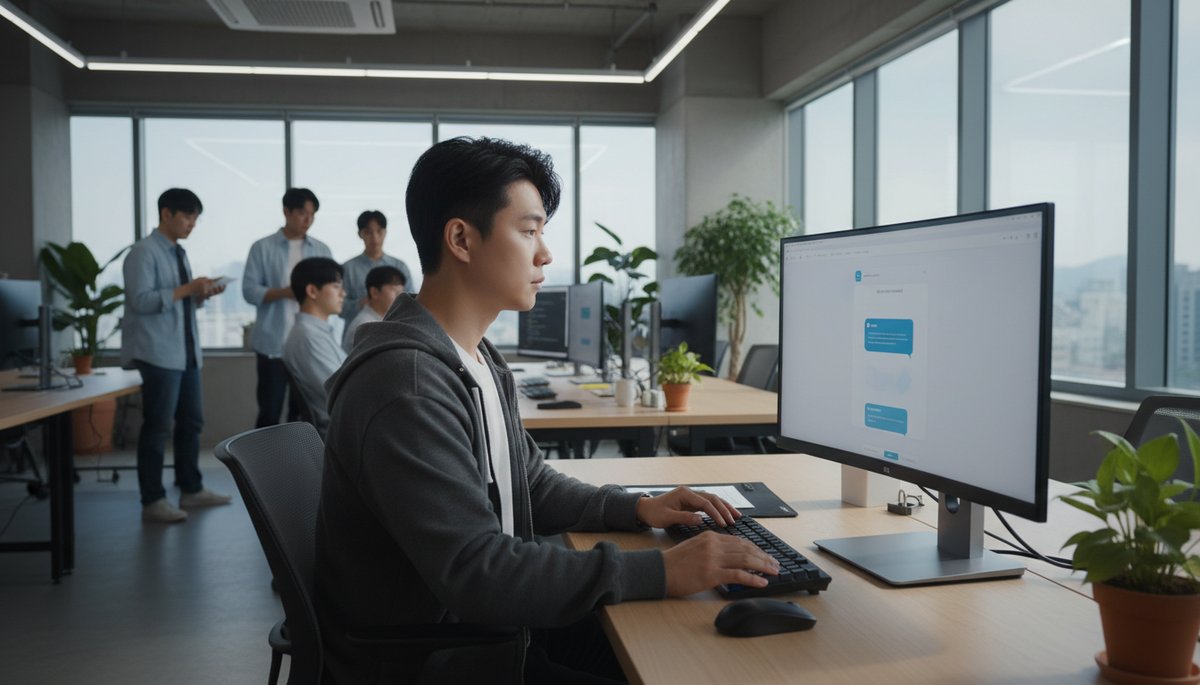 한국 스타트업 사무실에서 AI 챗봇 화면을 보는 한국인 개발자