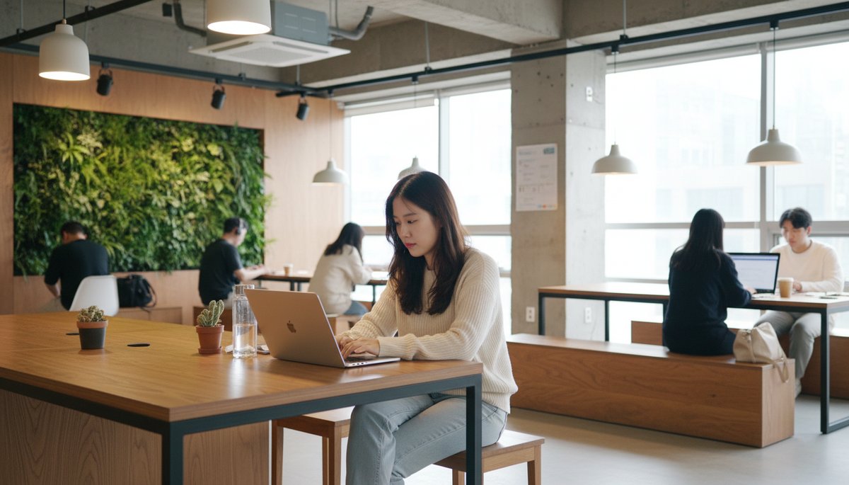 서울 코워킹 스페이스에서 노트북으로 문서 작업하는 한국인 프리랜서