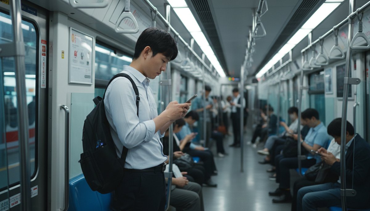 서울 지하철에서 스마트폰으로 업무 알림을 확인하는 한국인 직장인