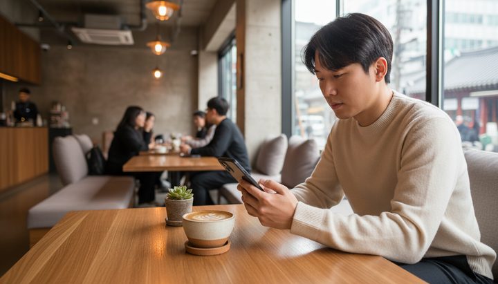 서울 지하철에서 스마트폰으로 넷플릭스를 시청하는 한국 직장인