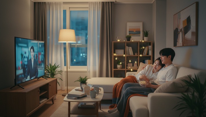 한국 아파트 거실에서 가족이 함께 넷플릭스를 시청하는 모습
