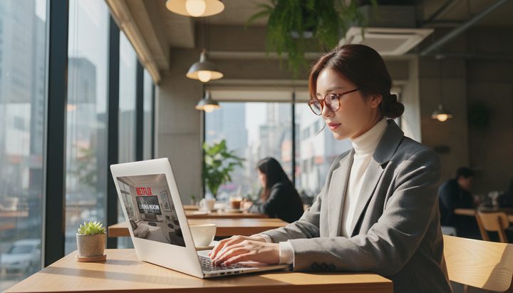 서울 아파트 거실에서 대형 TV로 넷플릭스를 시청하는 한국 커플