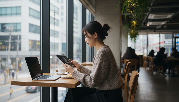 서울 강남구 카페에서 태블릿으로 OTT를 시청하는 한국 직장인 여성