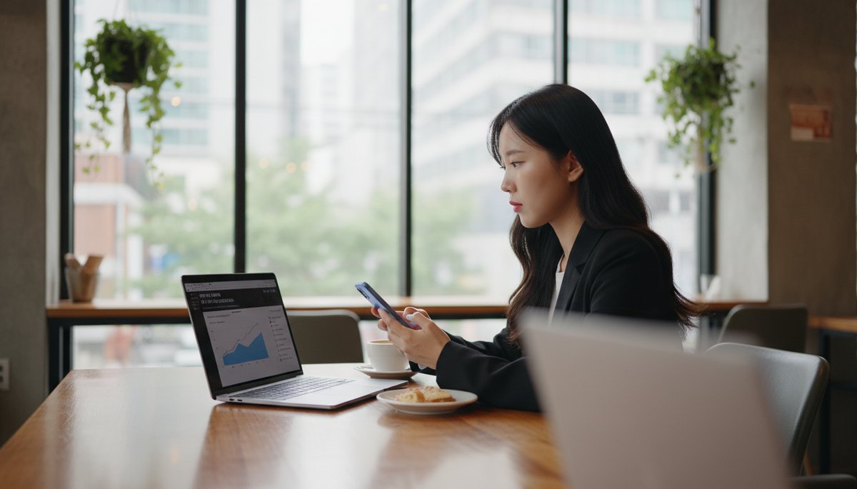 서울 지하철에서 스마트폰으로 AI 뉴스를 읽는 한국인 직장인