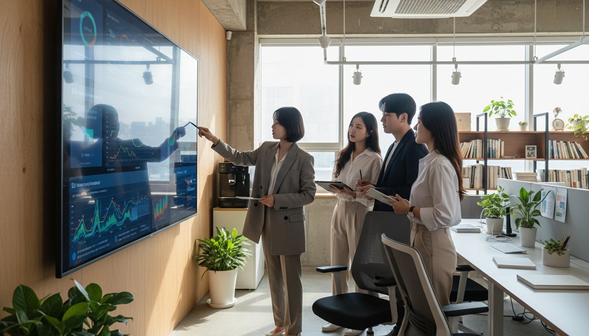 한국 스타트업 사무실에서 데이터 대시보드를 분석하는 직장인