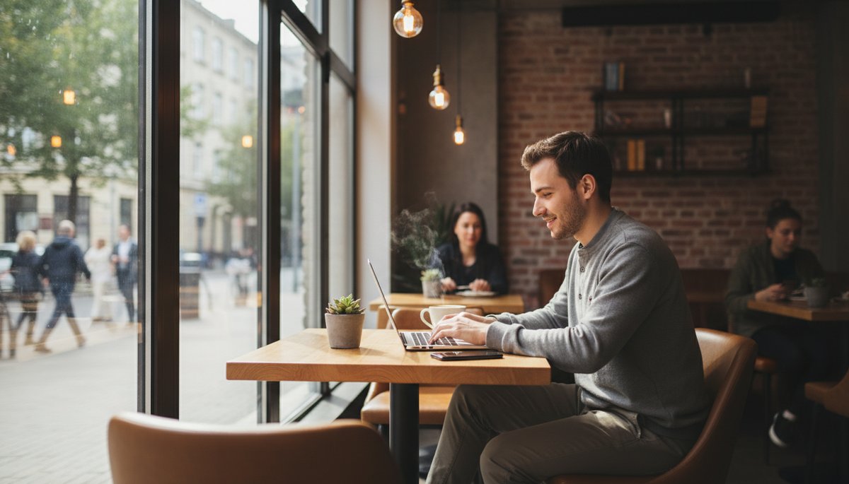 서울 홍대 거리 카페에서 노트북으로 작업하는 20대 한국인 프리랜서, 창밖으로 한글 간판이 보이는 풍경