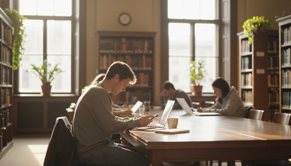 한국 카페에서 스마트폰으로 ChatGPT를 사용하는 한국인 대학생