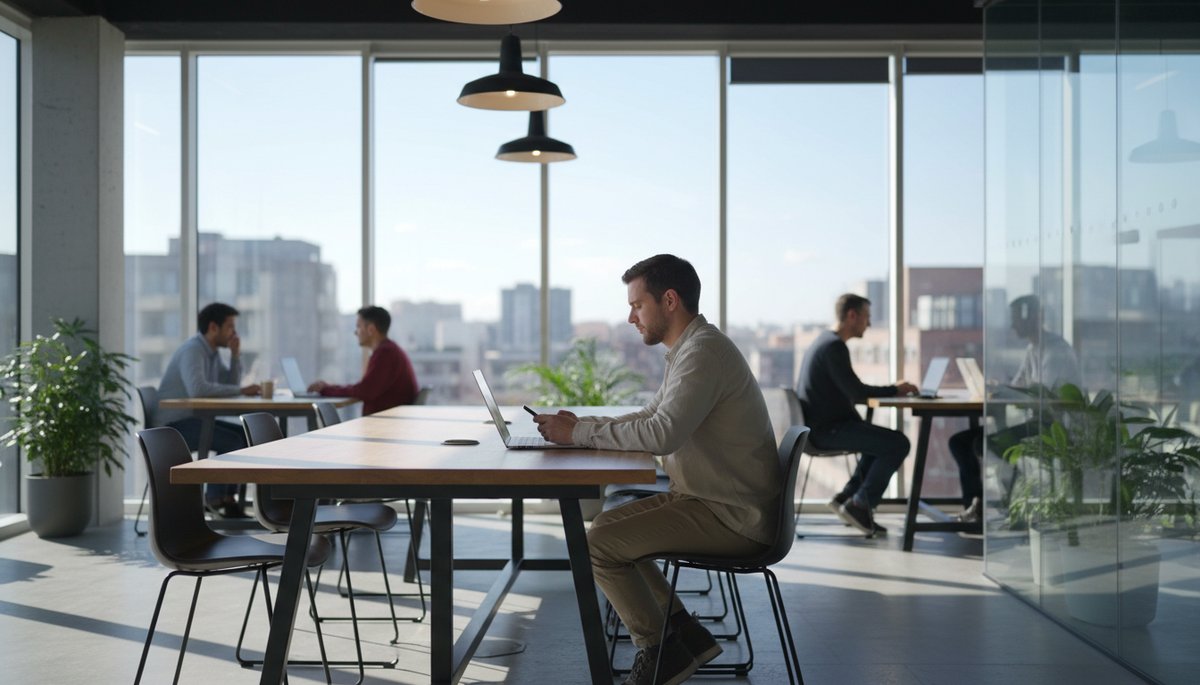서울 코워킹 스페이스에서 두 대의 모니터로 AI 서비스를 비교하는 한국인 개발자