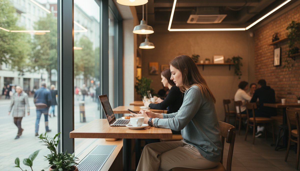 서울 성수동 카페에서 태블릿으로 AI 관련 기사를 읽는 한국인 프리랜서