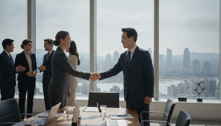 서울 강남 글로벌 기업 사무실에서 OpenAI 파트너십 미팅을 하는 장면