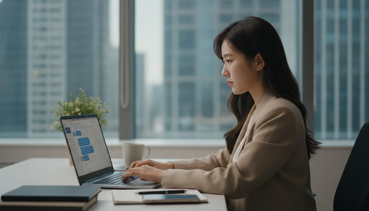 서울 IT 스타트업 오피스에서 직장인이 ChatGPT를 업무에 활용하는 모습, 밝은 낮