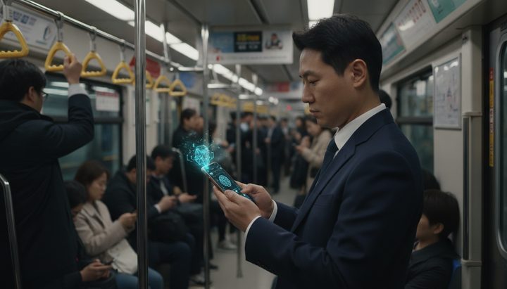한국 직장인이 스마트폰으로 AI 앱을 사용하는 모습, 서울 지하철 출근길