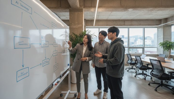 현대적인 한국 사무실 내부, 화이트보드에 AI 전략 다이어그램을 그리는 모습