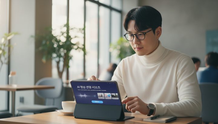 OpenAI Sora AI 영상 생성 서비스 화면을 보는 한국인 남성