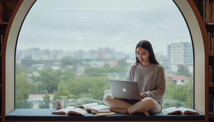 서울 강남 오피스에서 노트북으로 뉴스를 확인하는 한국인 여성
