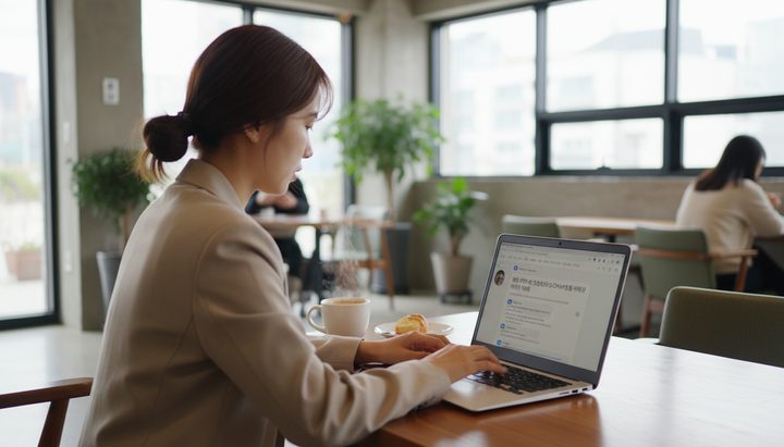한국 아파트 거실에서 노트북으로 ChatGPT를 사용하는 한국인 직장인