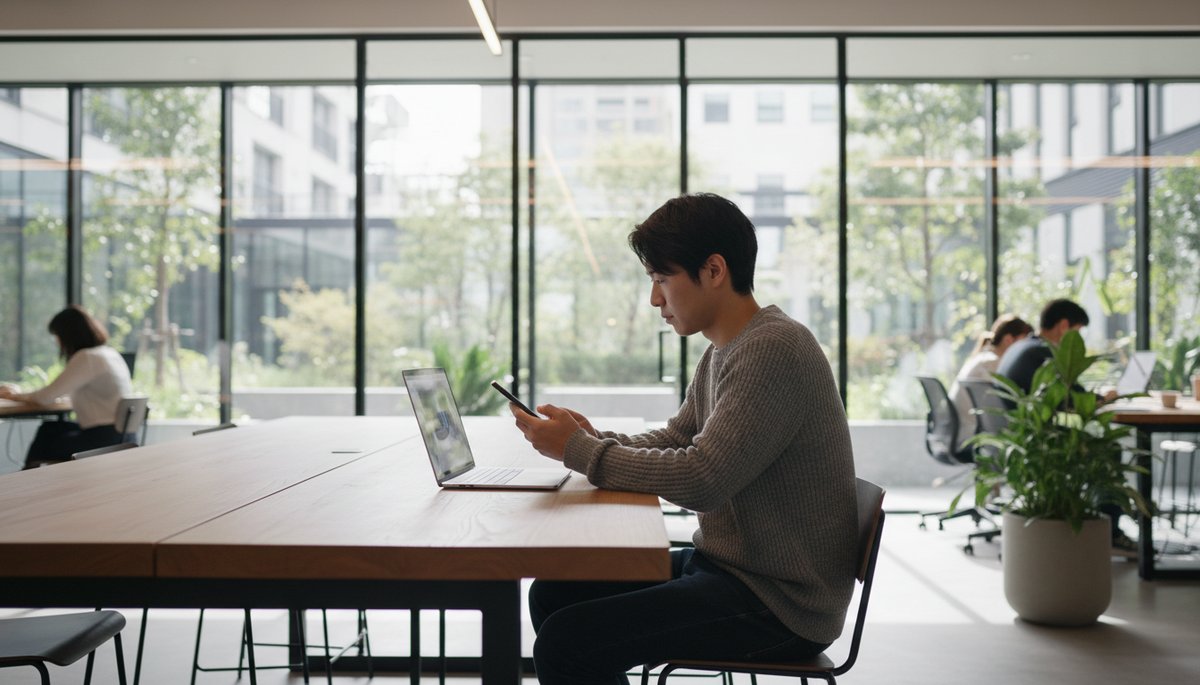 노트북 화면에 업무 자동화 워크플로우가 시각적으로 표시된 다이어그램