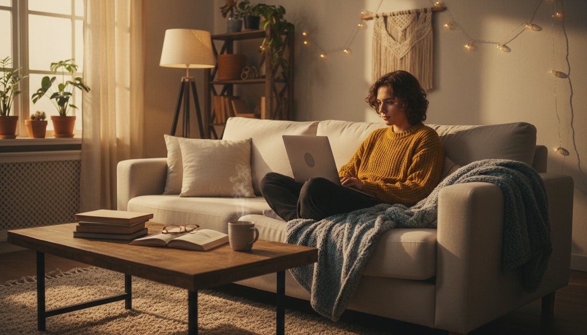 카페에서 프리랜서가 노트북으로 AI 에이전트 결과를 확인하는 모습