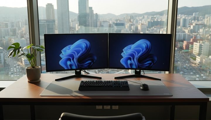 서울 사무실에서 노트북으로 리서치하는 한국 직장인