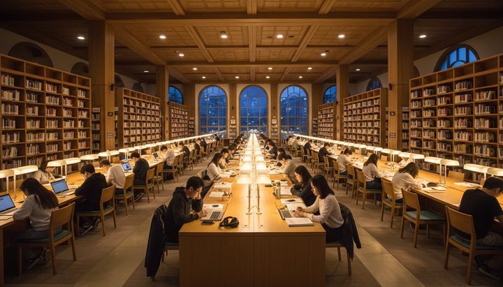 한국 대학교 도서관에서 공부하는 학생