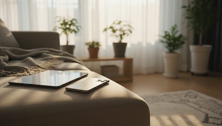 한국 아파트에서 태블릿을 사용하는 젊은 남성