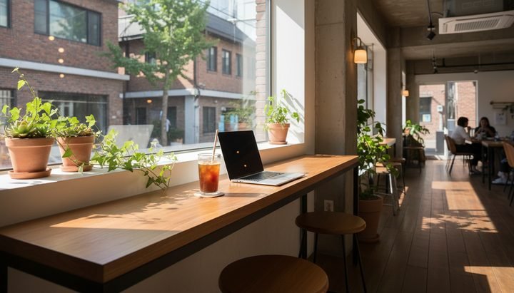 성수동 카페에서 아이스 아메리카노와 노트북을 사용하는 한국 여성