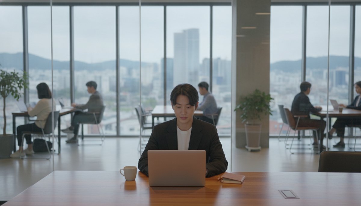 서울 코워킹스페이스에서 노트북과 외부 모니터로 업무를 처리하는 한국 직장인 여성