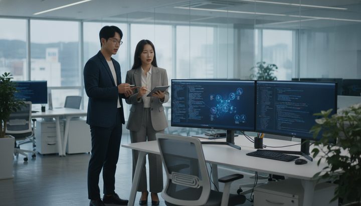SpaceX 로켓 발사와 AI 기술 융합을 연상시키는 한국 IT 사무실 풍경