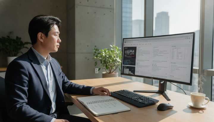 일론 머스크의 AI 제국 확장을 상징하는 한국 IT 뉴스 화면, 밝은 사무실