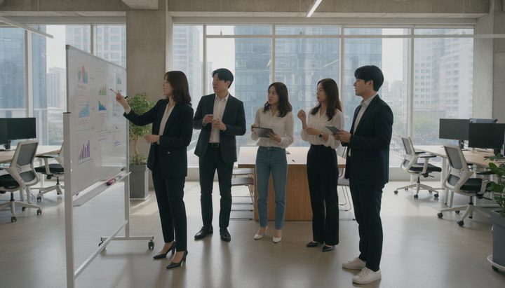 서울 강남 IT 스타트업 사무실에서 개발자들이 AI 도구를 논의하는 모습