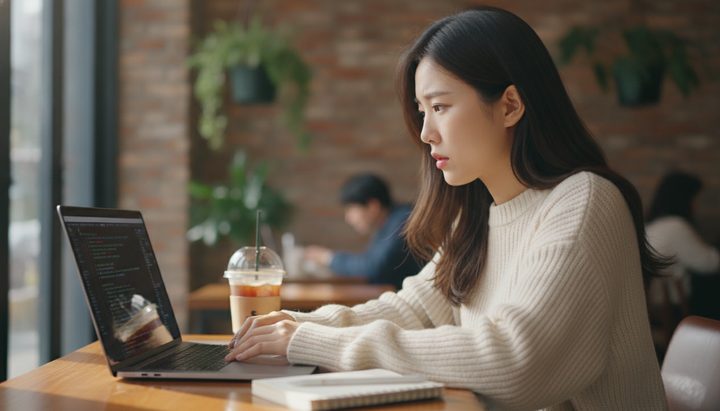 한국 직장인이 카페에서 노트북으로 AI 코딩을 배우는 모습, 아이스 아메리카노와 함께