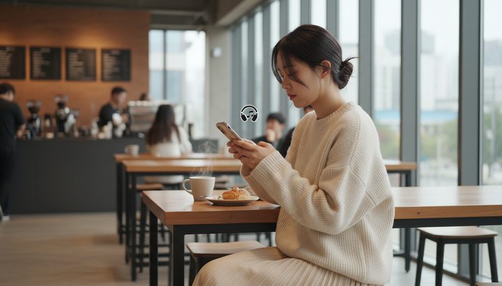 서울 카페에서 이어폰을 끼고 스마트폰으로 음악을 즐기는 한국 직장인 여성