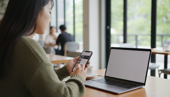 서울 홈 오피스에서 노트북으로 작업하며 이어폰으로 음악을 듣는 한국 직장인