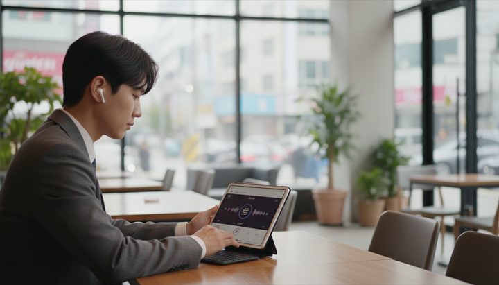 서울 지하철에서 이어폰을 끼고 스마트폰을 보는 한국 청년