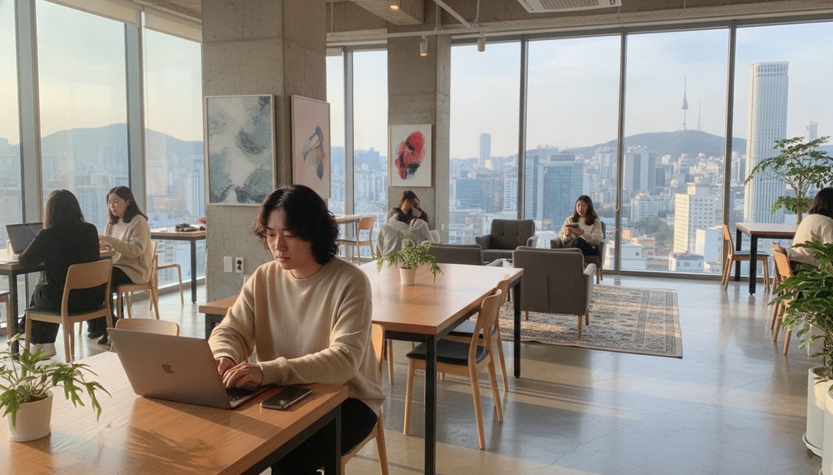 서울 카페 창가에서 서비스 조합을 검토하는 한국 직장인 남성