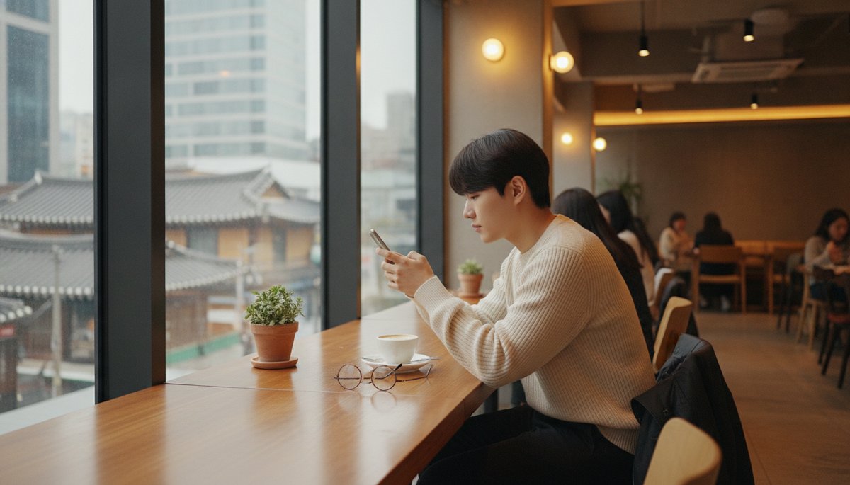 한강공원에서 무선 이어폰을 끼고 노을을 배경으로 조깅하는 한국 30대 남성
